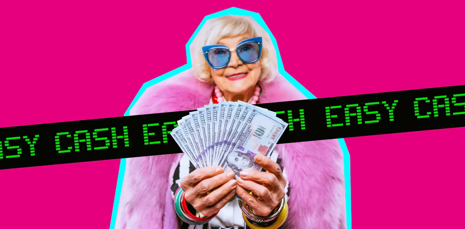 Stylish elderly woman in blue glasses and pink fur holding cash, 'Easy Cash' banner, bold pink background