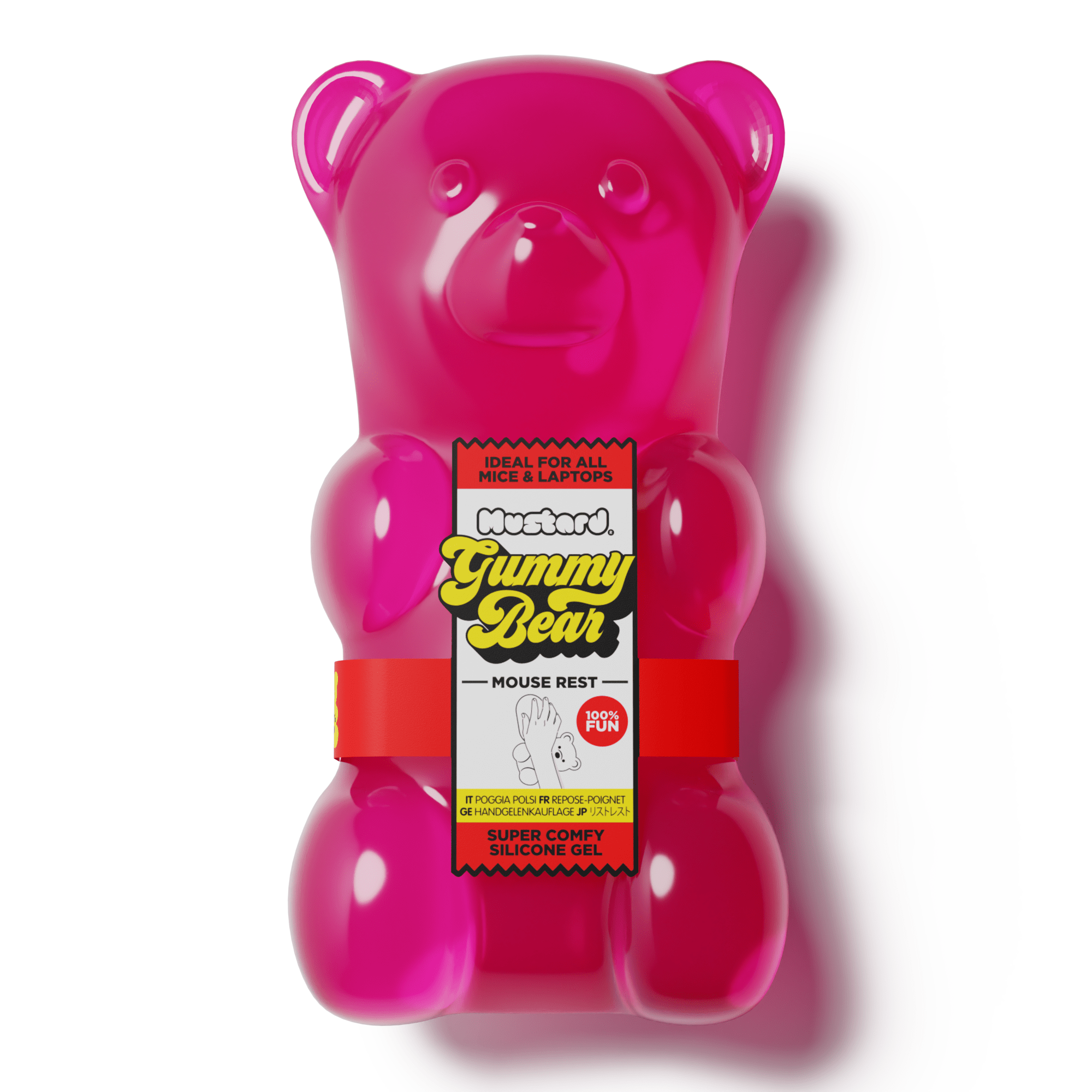 Pink gummy bear-shaped mouse rest made of silicone gel, ideal for desk and office use.