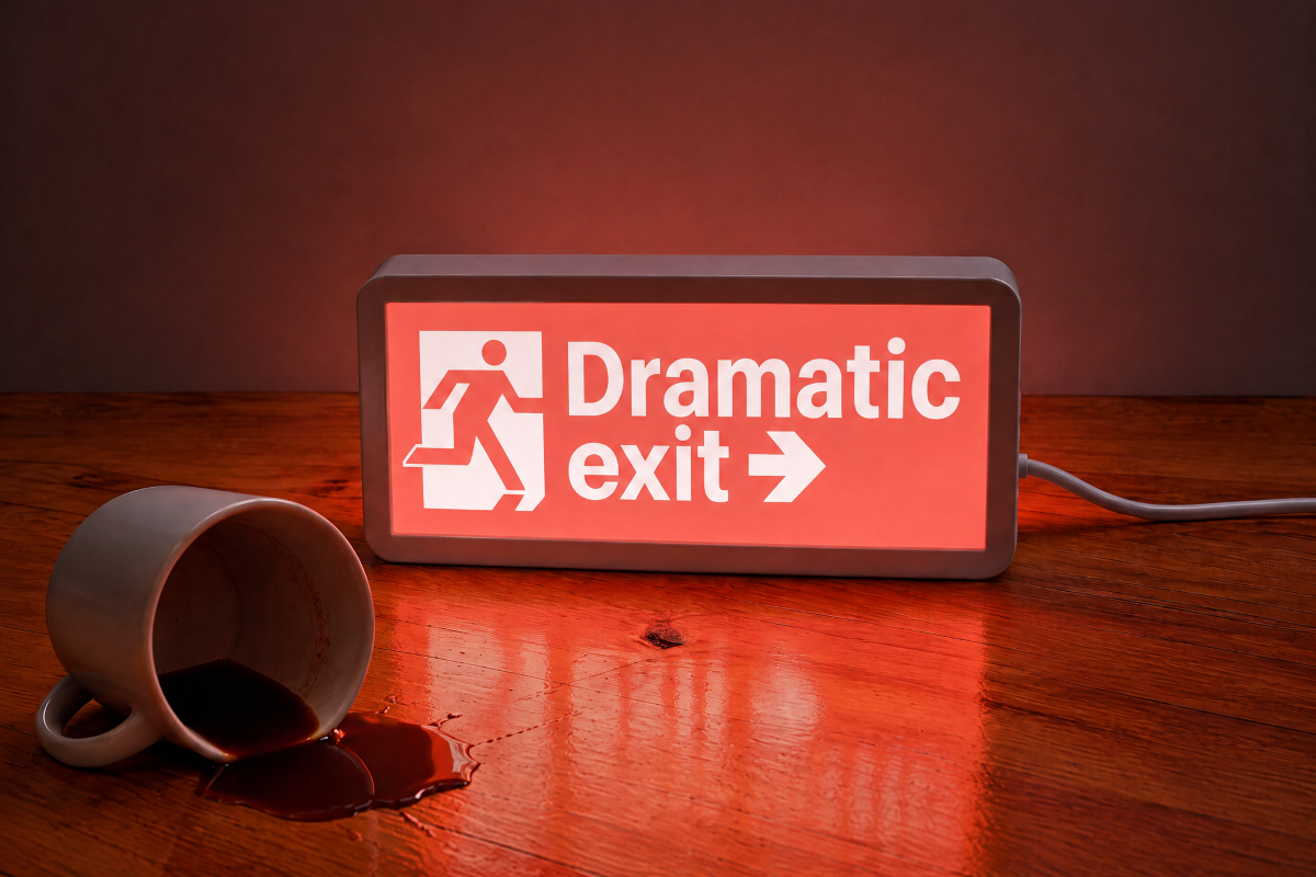 A rectangular LED dramatic exit sign glowing red on a wooden tabletop, with a spilled coffee mug and liquid spill nearby in a staged indoor scene.