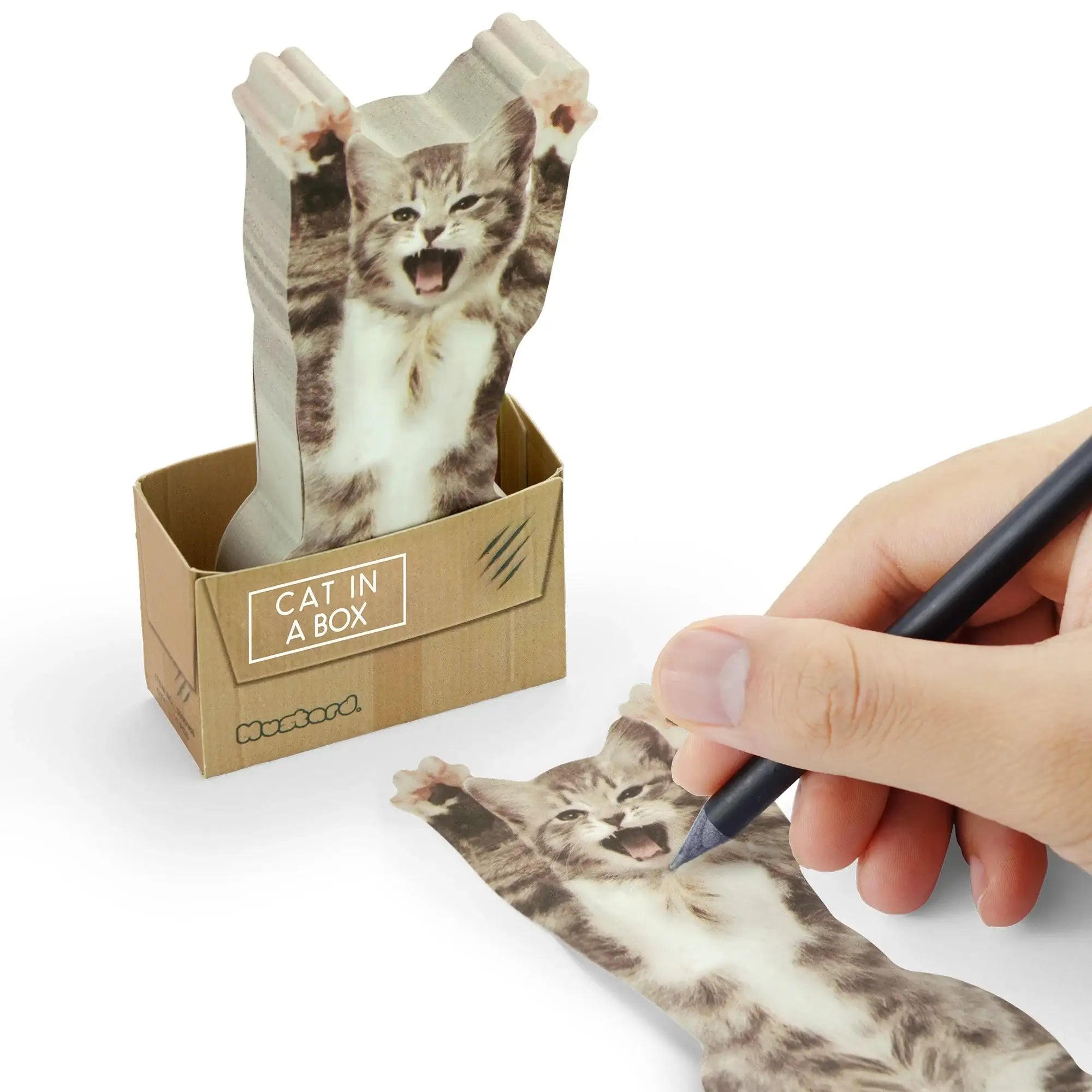 Cat-shaped sticky notes in a cardboard box holder with a hand writing on one note