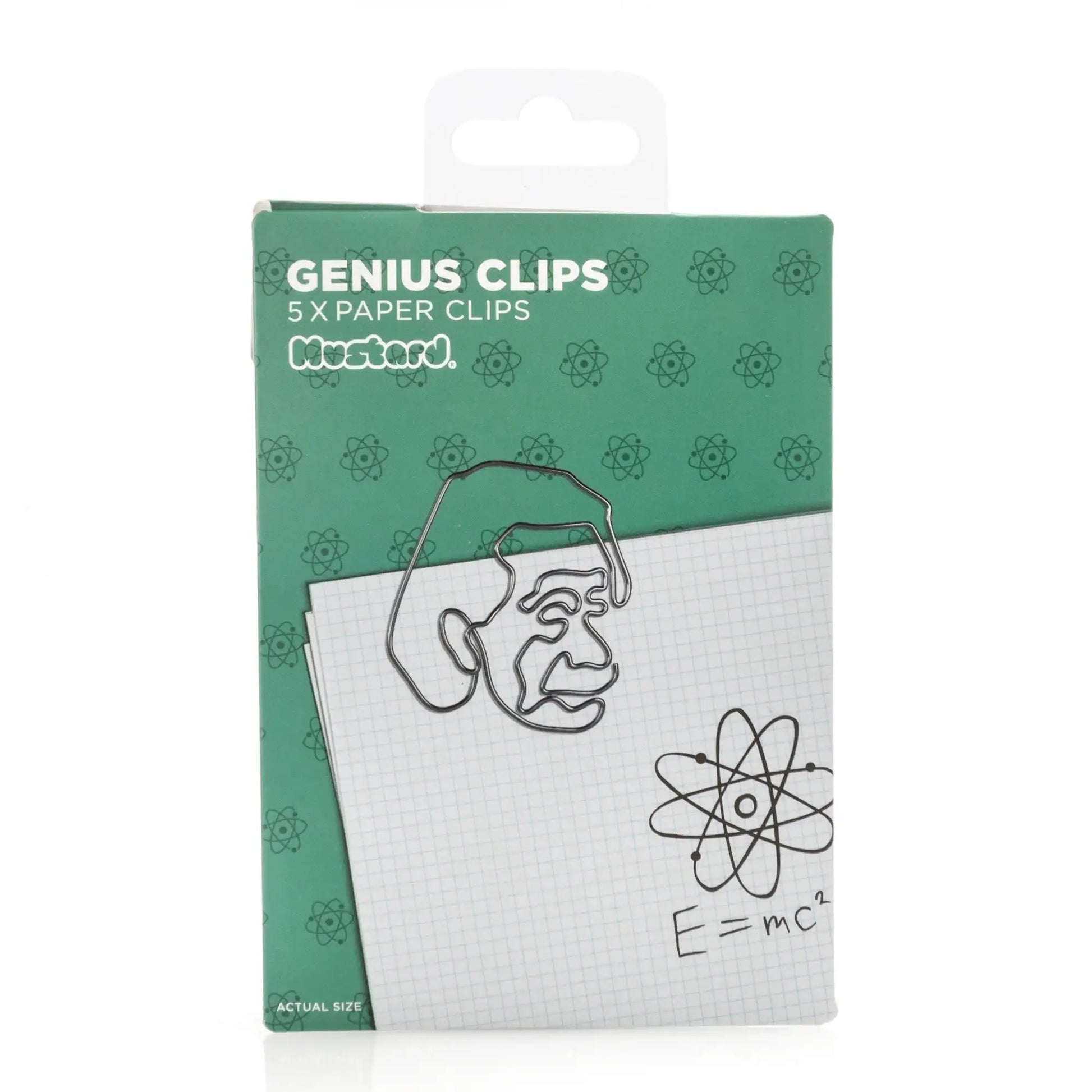 Genius Clips novelty paper clips shaped like a scientist's face on green packaging