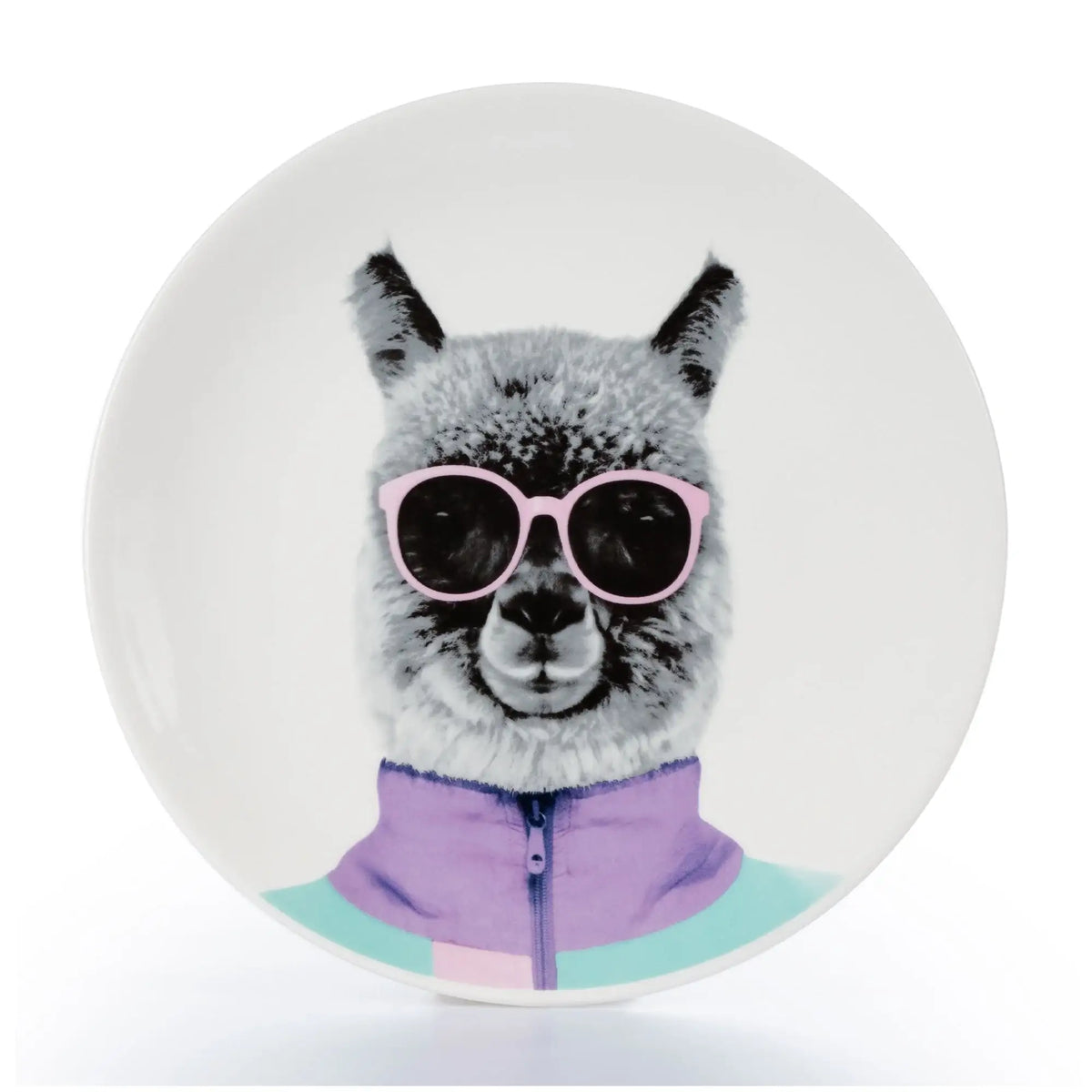 Funny ceramic plate featuring an alpaca in pink sunglasses and a colorful jacket