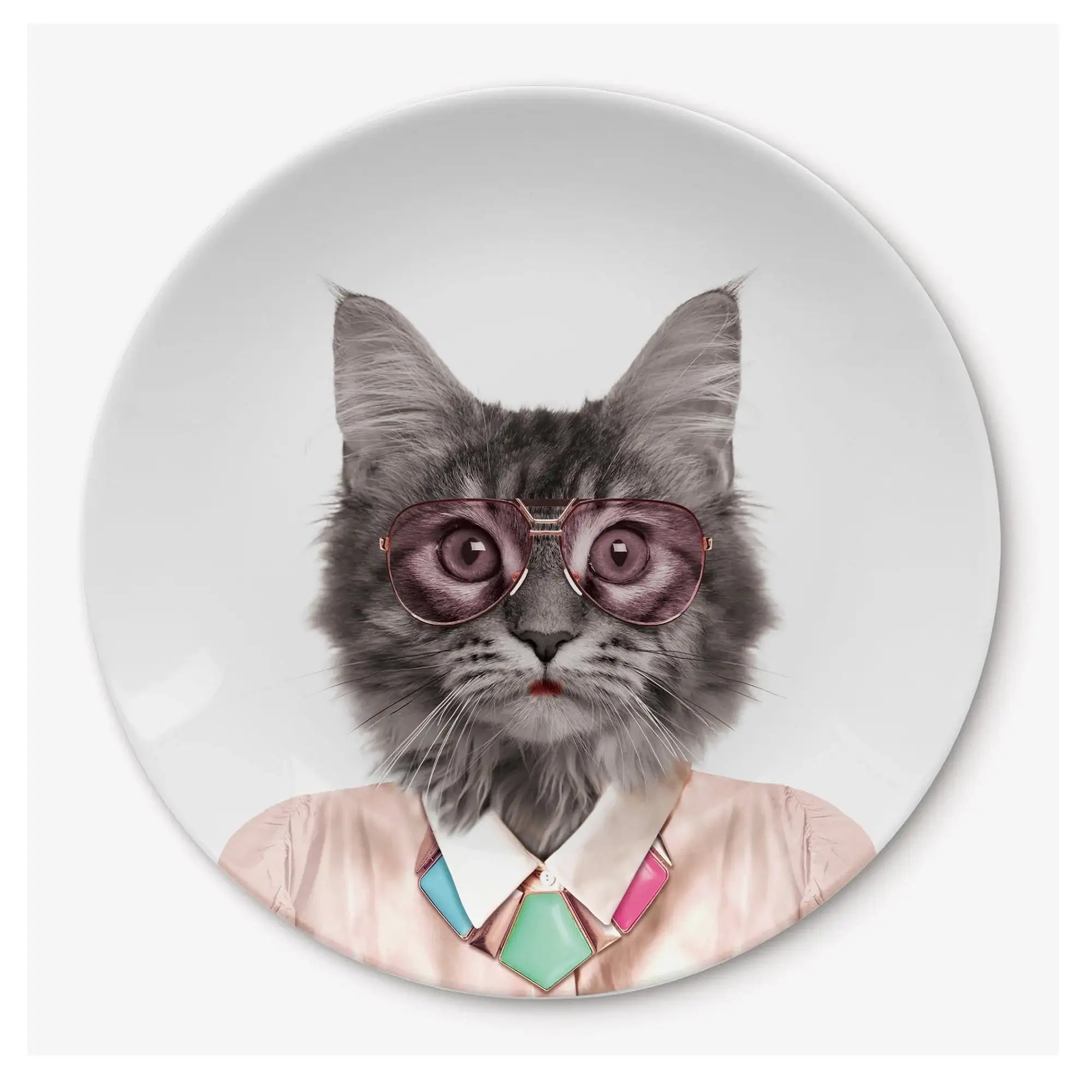 Funny cat plate with grey cat in pink sunglasses, colorful necklace and shirt design