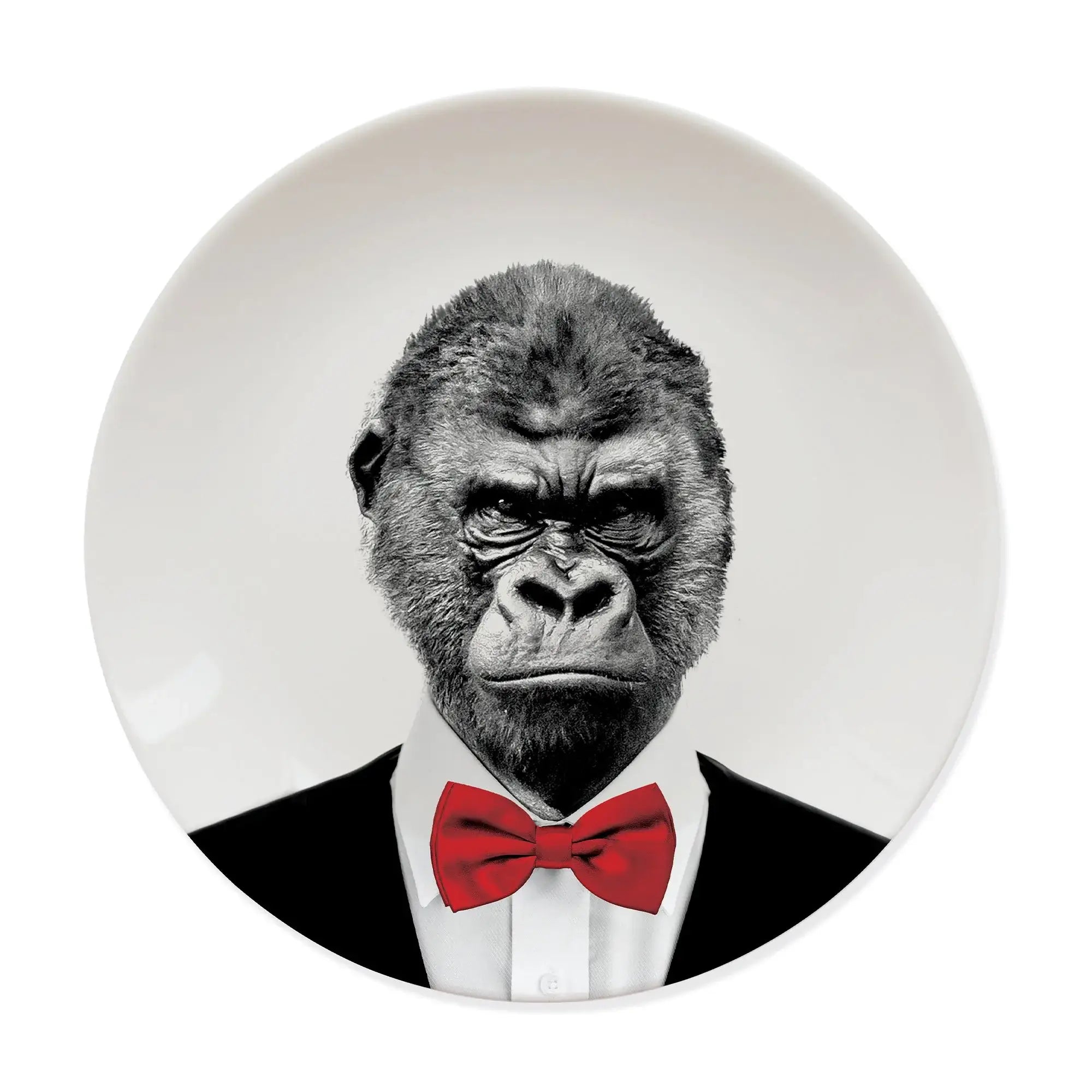 Ceramic plate featuring a gorilla in a tuxedo with a red bow tie, novelty kitchen decor.