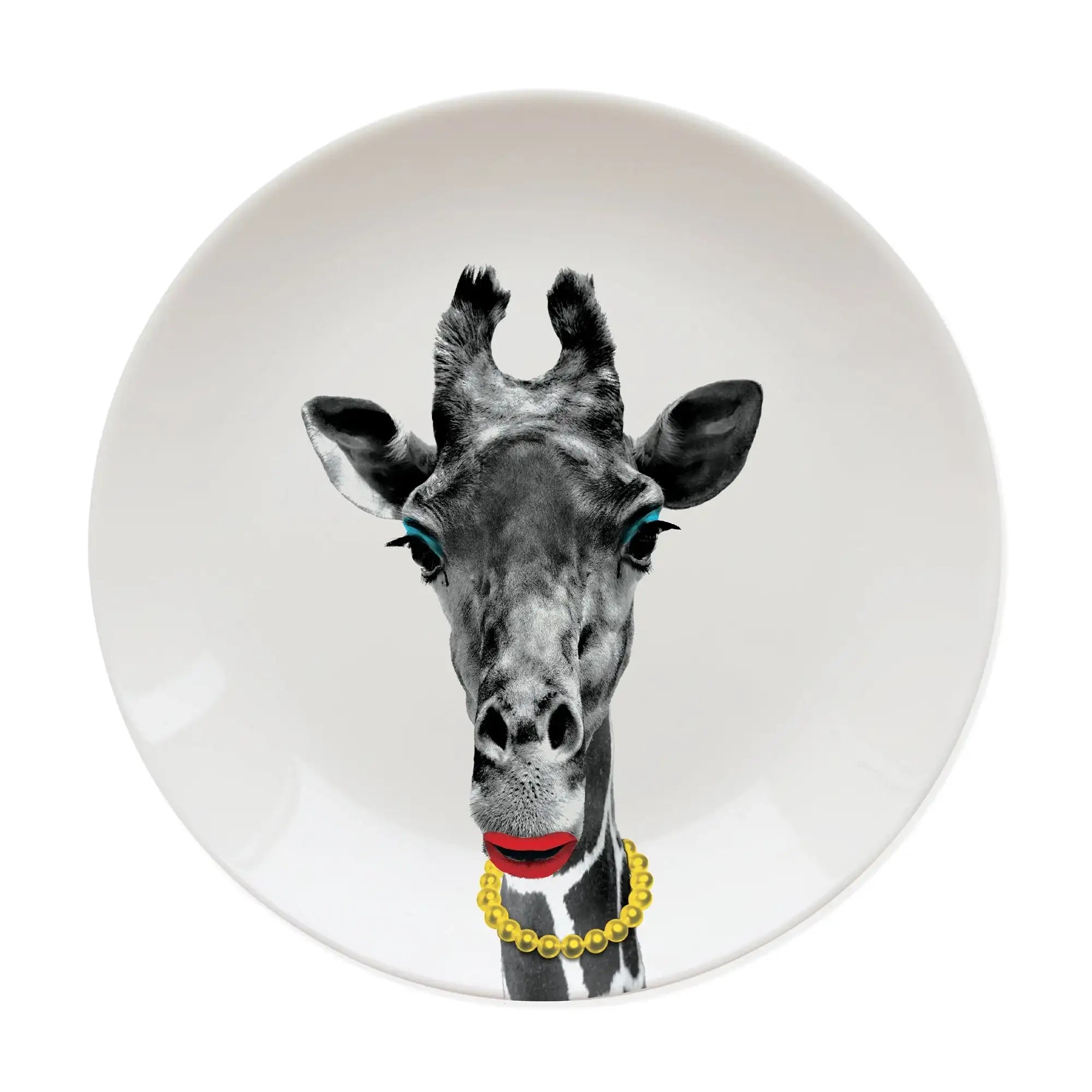 Ceramic plate with a giraffe illustration wearing red lipstick, blue eyeshadow, and a yellow necklace