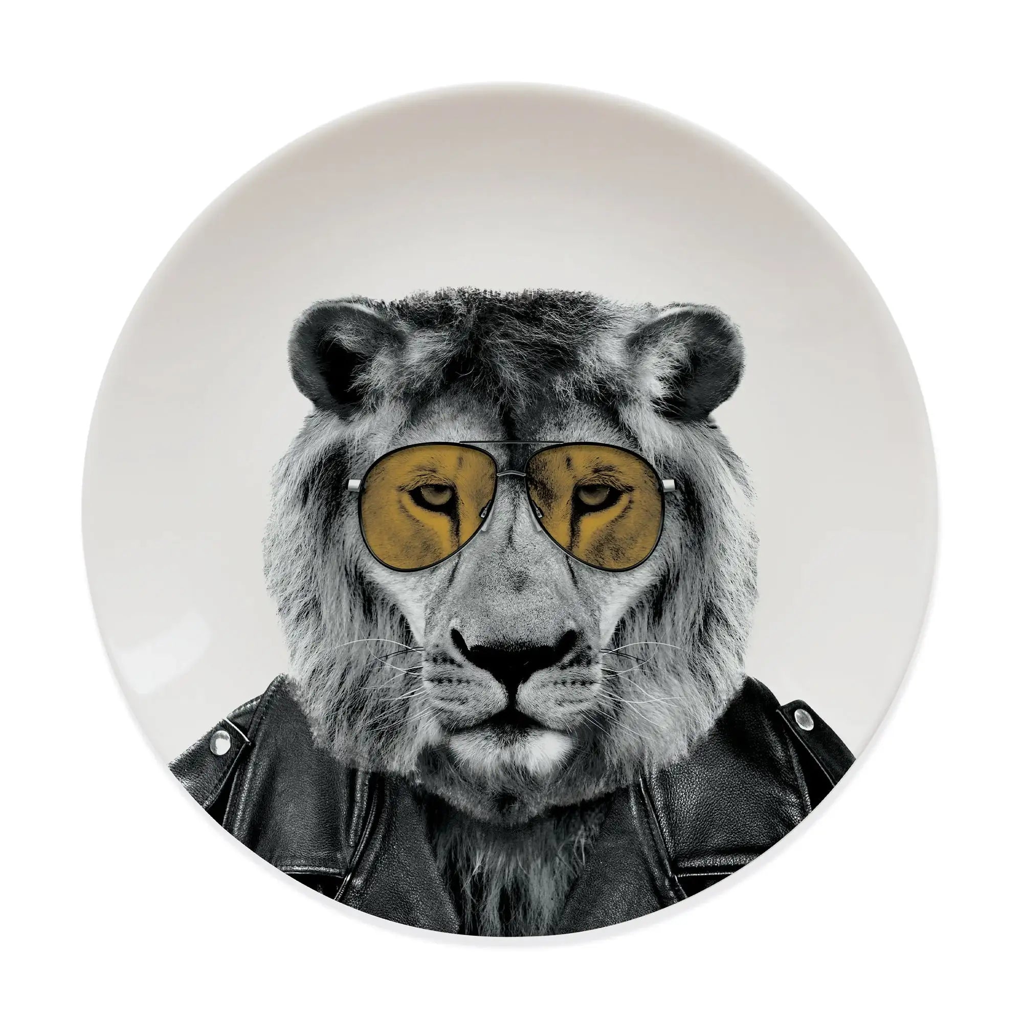 Round plate featuring a lion wearing sunglasses and a leather jacket, novelty tableware design