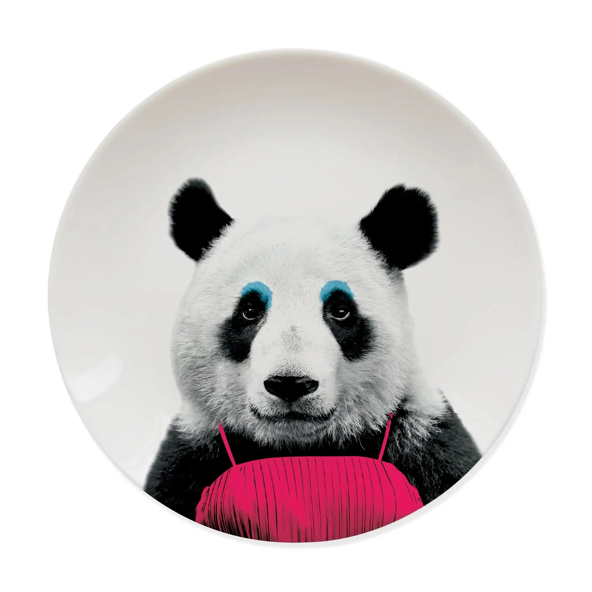 Ceramic plate with panda illustration, blue eyebrows, and pink apron on white background